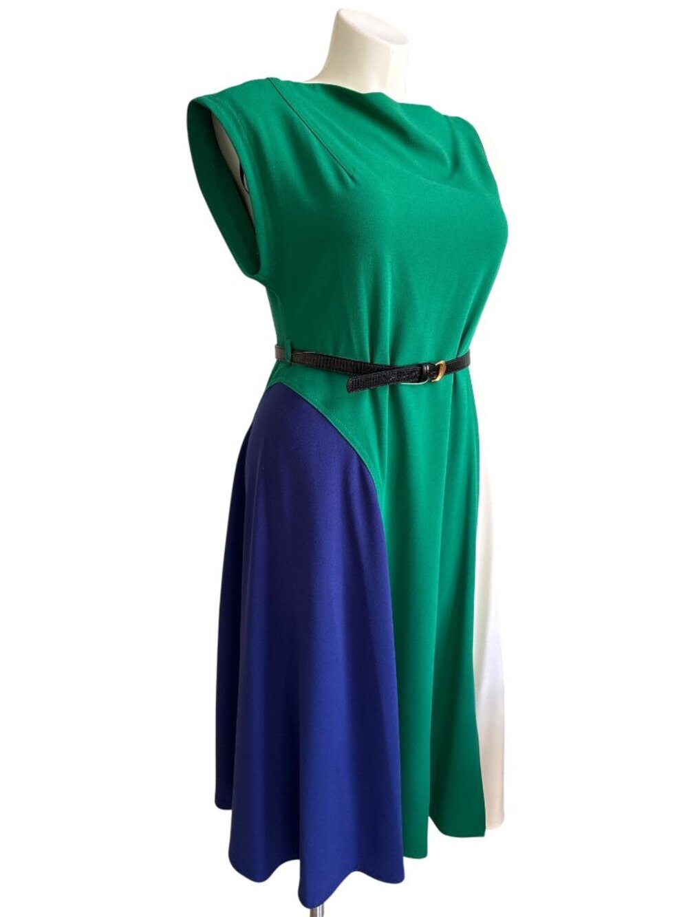 Donna Karan NWT $159 Colorblock Green Blue Ivory Belted Midi Dress Size 14 - Picture 3 of 10